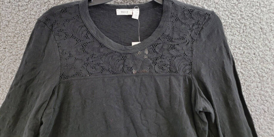 Wilt Lace Yoke Long Sleeve Top Women's Small Black Solid Crew Neck Pullover