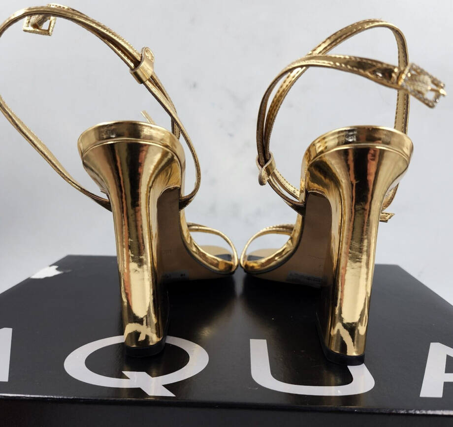 AQUA Strappy High Heel Sandals Women's 6B Gold Open Toe Buckled Ankle Strap~