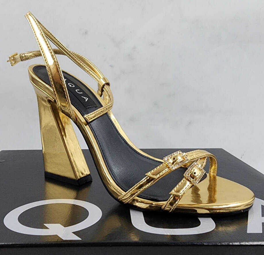 AQUA Strappy High Heel Sandals Women's 6B Gold Open Toe Buckled Ankle Strap~