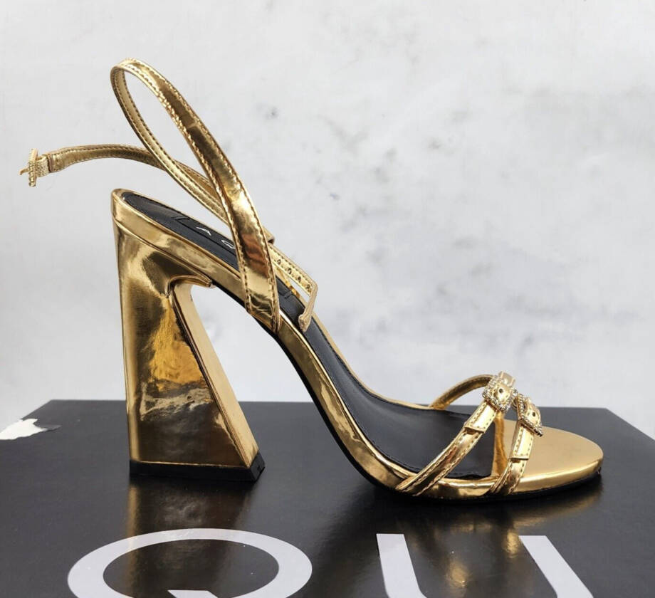 AQUA Strappy High Heel Sandals Women's 6B Gold Open Toe Buckled Ankle Strap~