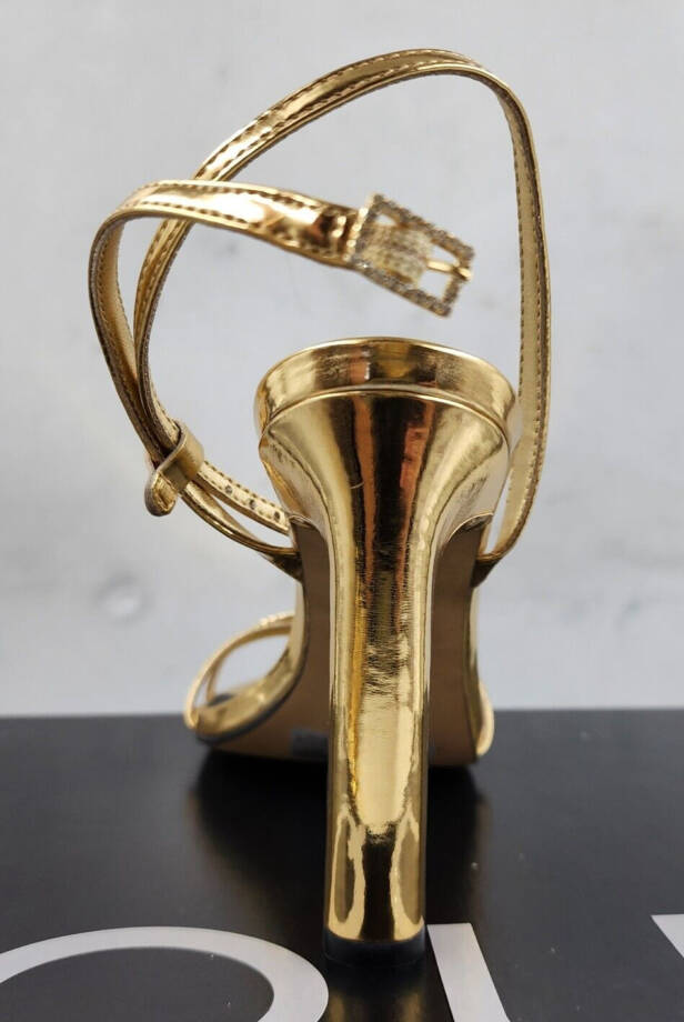 AQUA Strappy High Heel Sandals Women's 6B Gold Open Toe Buckled Ankle Strap~