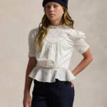 Ralph Lauren Embroidered Voile Top Girls' 10 White Collared Ruffled Button Back
