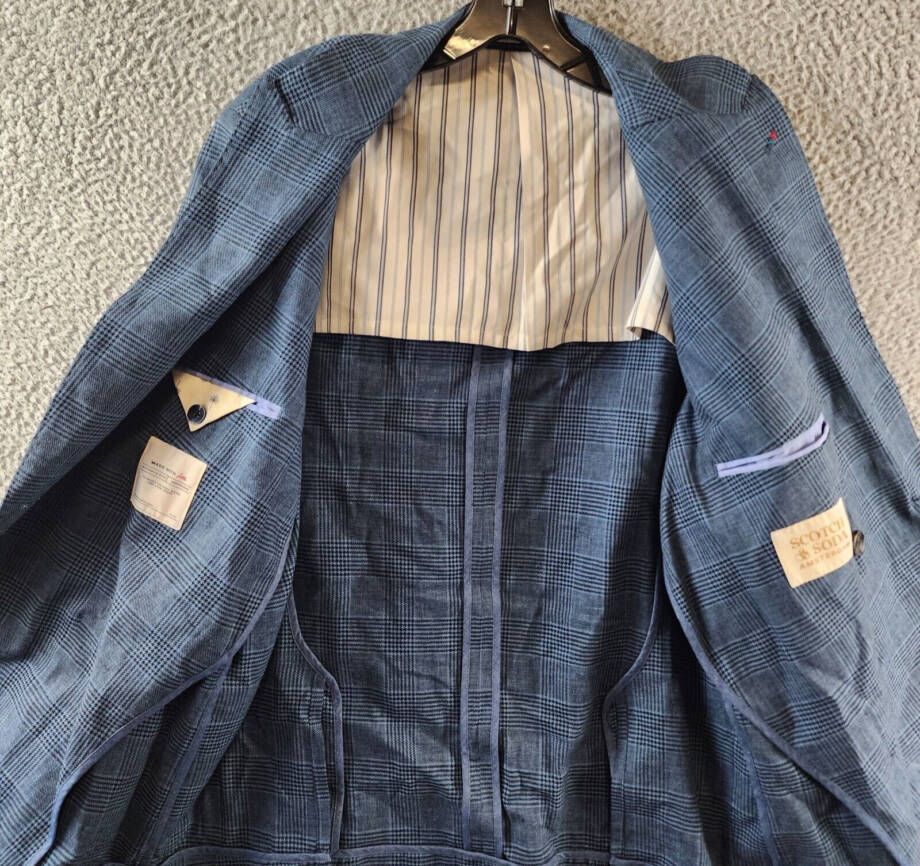 Scotch & Soda Linen Blend Double Breasted Check Blazer Men's M Blue Peak Lapel