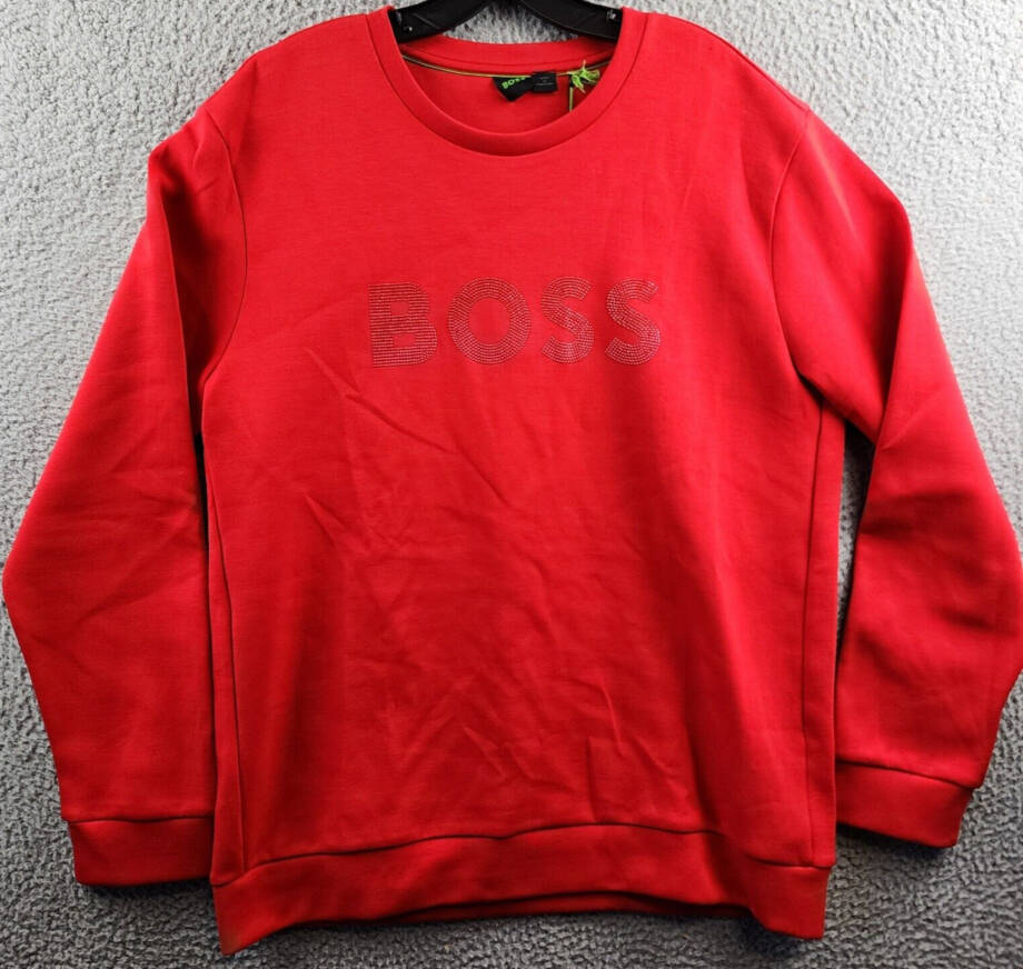 Hugo Boss Rhinestone Logo Sweatshirt Men's XL Bright Red Crew Neck Pullover L/S~