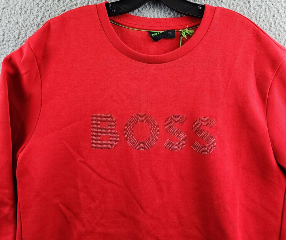 Hugo Boss Rhinestone Logo Sweatshirt Men's XL Bright Red Crew Neck Pullover L/S~