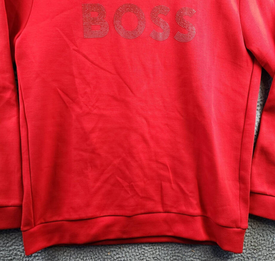 Hugo Boss Rhinestone Logo Sweatshirt Men's XL Bright Red Crew Neck Pullover L/S~