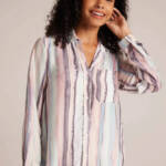 Bella Dahl Rounded Hem Button Up Shirt Women's M Coastal Stripe Collared L/S