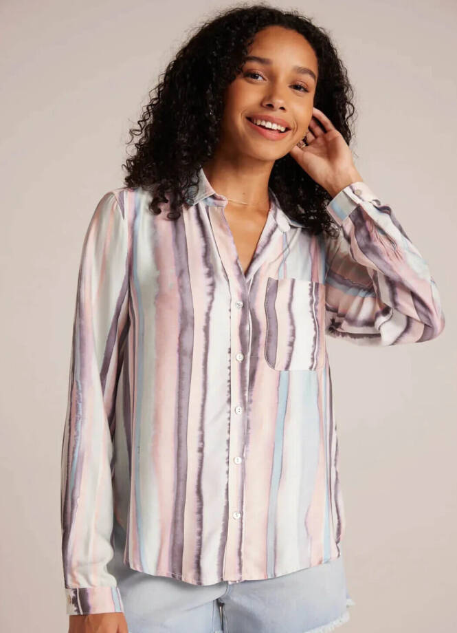 Bella Dahl Rounded Hem Button Up Shirt Women's M Coastal Stripe Collared L/S