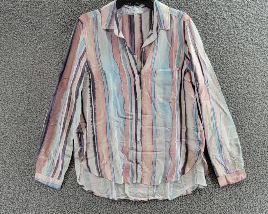 Bella Dahl Rounded Hem Button Up Shirt Women's M Coastal Stripe Collared L/S