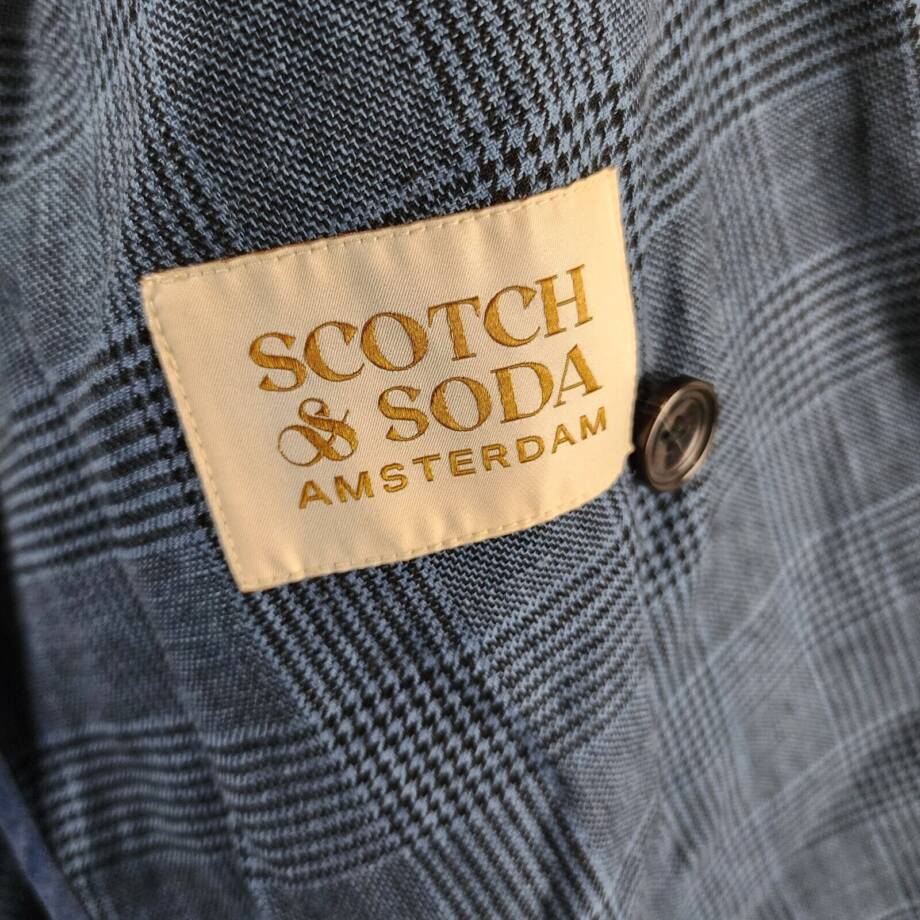 Scotch & Soda Linen Blend Double Breasted Check Blazer Men's M Blue Peak Lapel