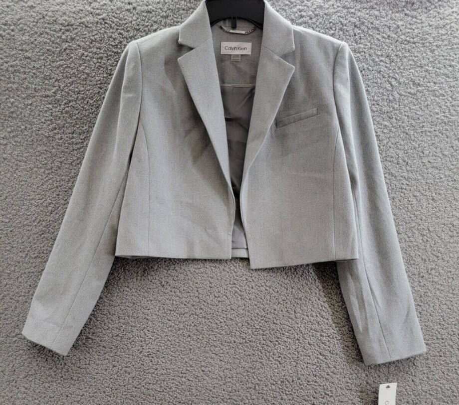 Calvin Klein Petite Cropped Open-Front Jacket Womens 12P Gray Pocket Long Sleeve
