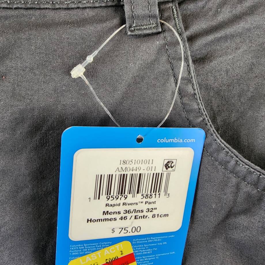 Columbia Rapid Rivers UPF 50 Flat Front Pants Men's 36W x 32L Shark Belt Loops