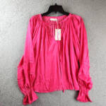 Ramy Brook Maty Balloon Sleeve Top Women's XS Bright Pink V-neck Tie Pullover~