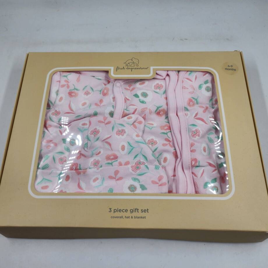 First Impressions Coverall Hat &Blanket 3Pc Gift Set Baby Girls 6-9M Pink Floral