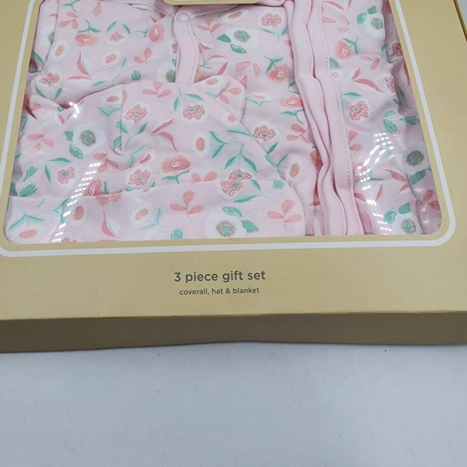 First Impressions Coverall Hat &Blanket 3Pc Gift Set Baby Girls 6-9M Pink Floral