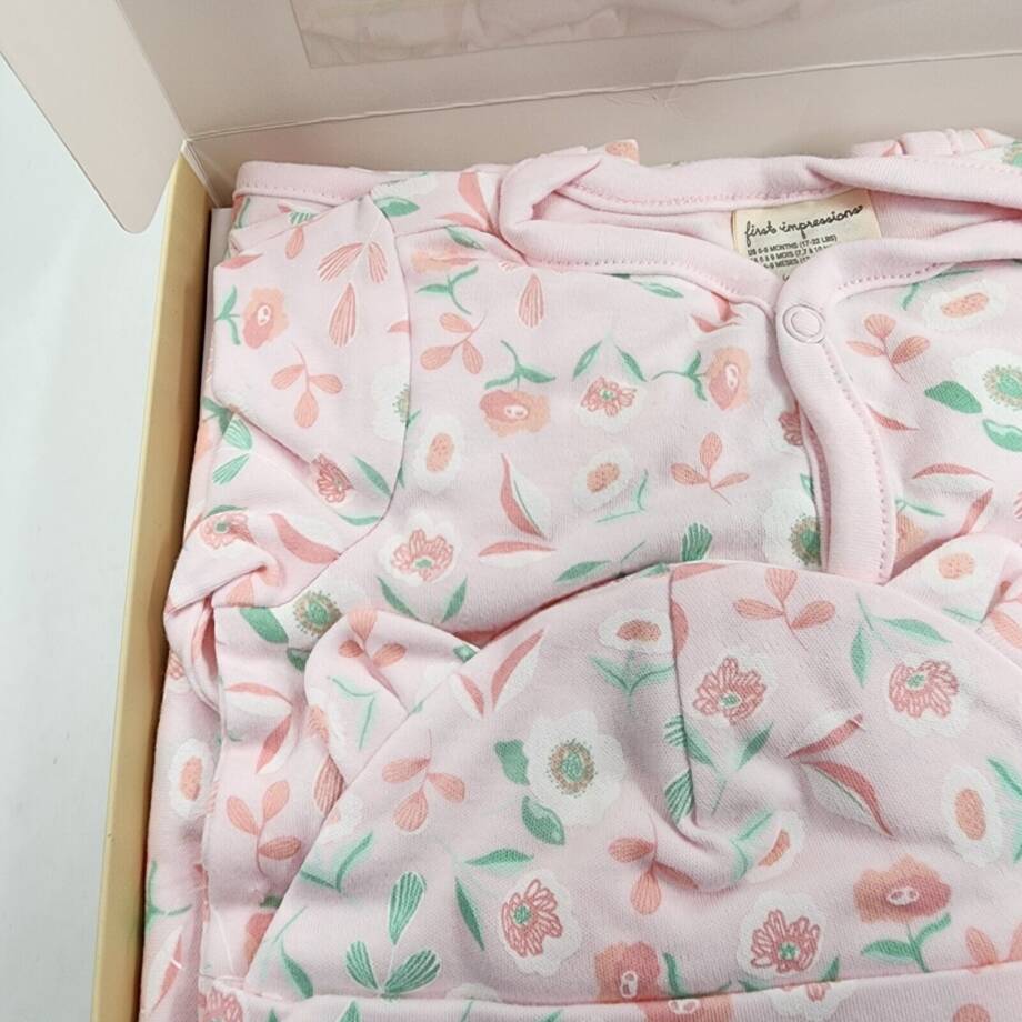 First Impressions Coverall Hat &Blanket 3Pc Gift Set Baby Girls 6-9M Pink Floral