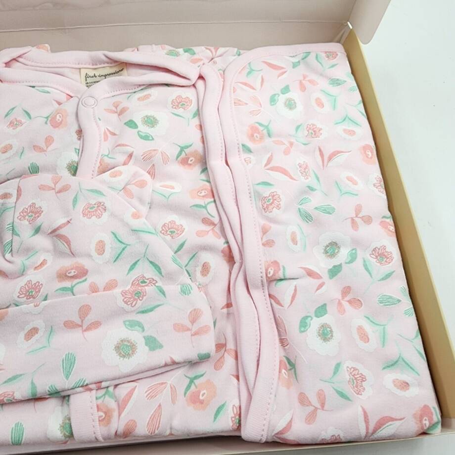 First Impressions Coverall Hat &Blanket 3Pc Gift Set Baby Girls 6-9M Pink Floral