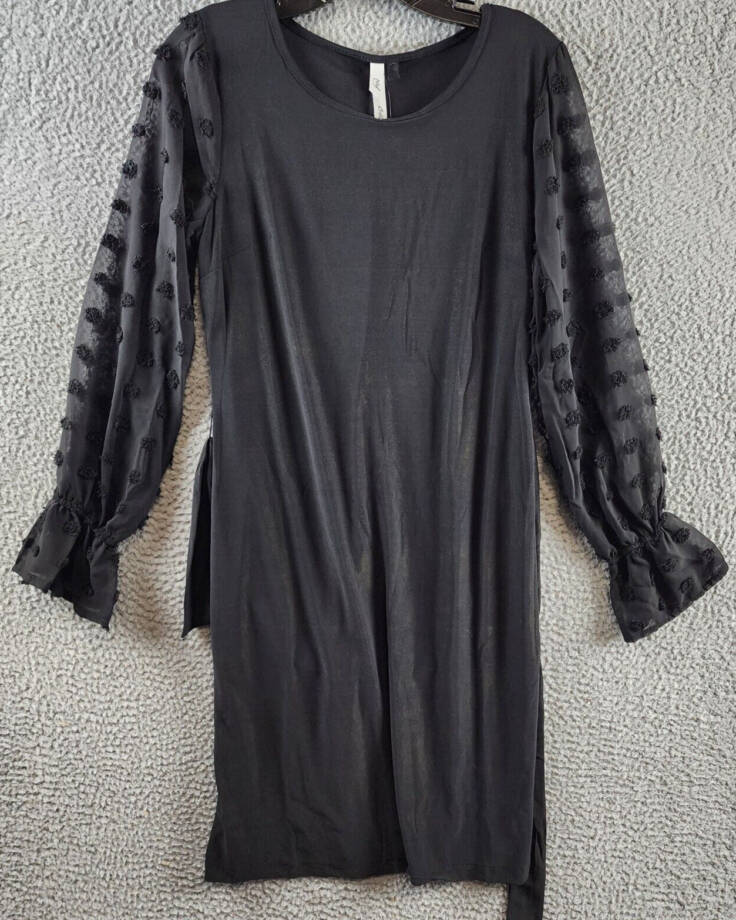 NY Collection Petite Long Chiffon-Sleeve Knit Dress Women's PL Black Scoop Neck~