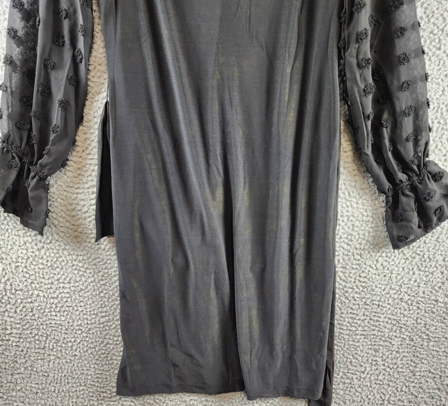 NY Collection Petite Long Chiffon-Sleeve Knit Dress Women's PL Black Scoop Neck~