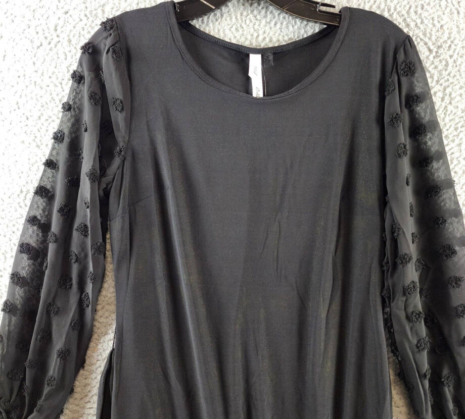NY Collection Petite Long Chiffon-Sleeve Knit Dress Women's PL Black Scoop Neck~