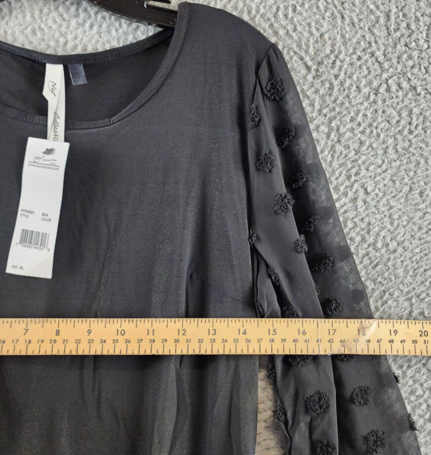 NY Collection Petite Long Chiffon-Sleeve Knit Dress Women's PL Black Scoop Neck~