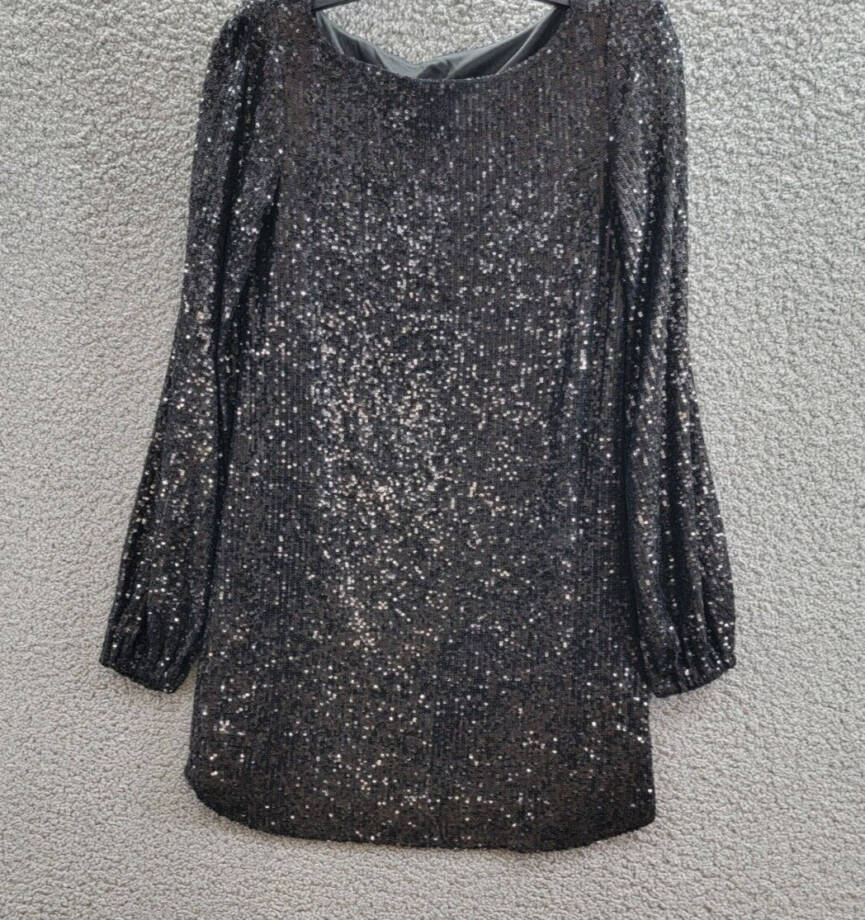 Steve Madden Delorean Sequined Mini Dress Women's XS Black Boat Neck Long Sleeve