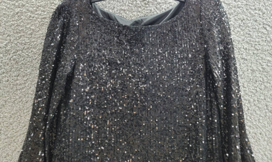 Steve Madden Delorean Sequined Mini Dress Women's XS Black Boat Neck Long Sleeve