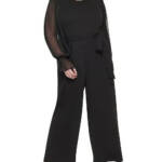 Calvin Klein Plus Size Sheer-Sleeve Wide-Leg Jumpsuit Women's 20W Black Pockets~