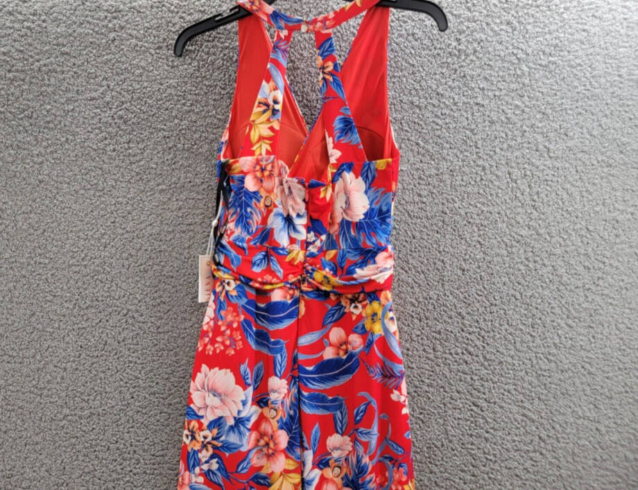 Siena Floral Side-Ruched Sleeveless Midi Dress Women's 2 Red Multi Back Zipped