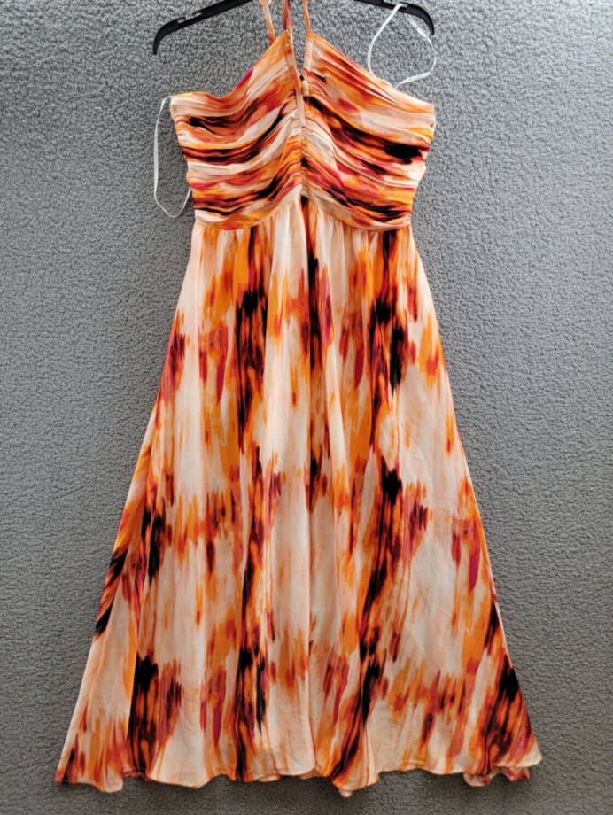 DKNY Printed Satin Strappy Halter Maxi Dress Women's XL Orange Blossom Back Tie