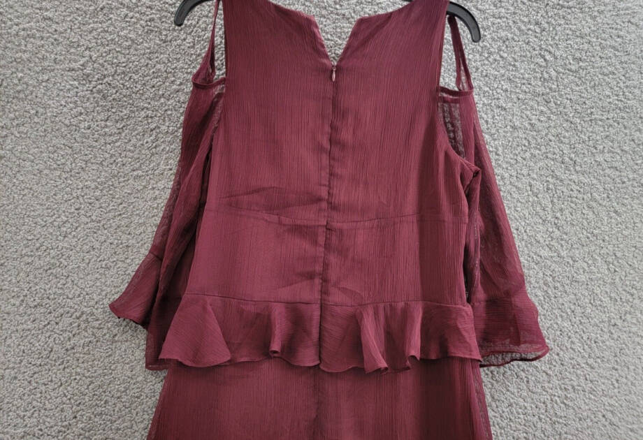 Tahari ASL Ruffled Cold-Shoulder Midi Dress Women's 8 Burgundy V-Neck Back Zip