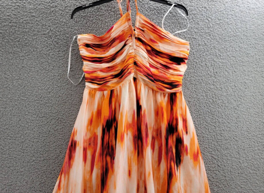 DKNY Printed Satin Strappy Halter Maxi Dress Women's XL Orange Blossom Back Tie