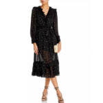AQUA Ruffle Trim Clip Dot Midi Wrap Dress Women's XS Black/Gold Long Sleeve