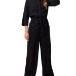 French Connection Elkie Button-Up Cargo Jumpsuit Women's S Black Quarter Sleeve