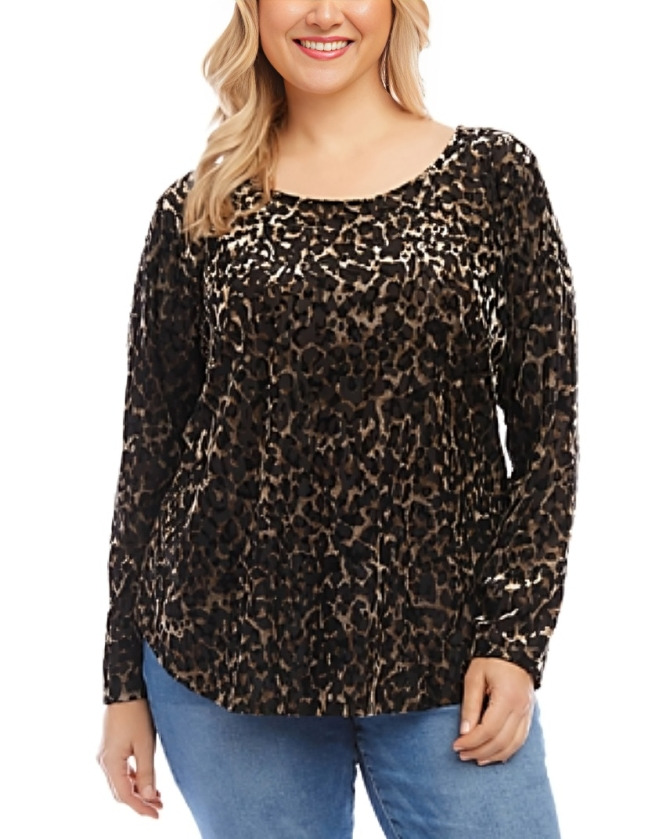 Karen Kane Plus Velvet Burnout Shirttail Top Women's 3X Brown Boat Neck Pullover
