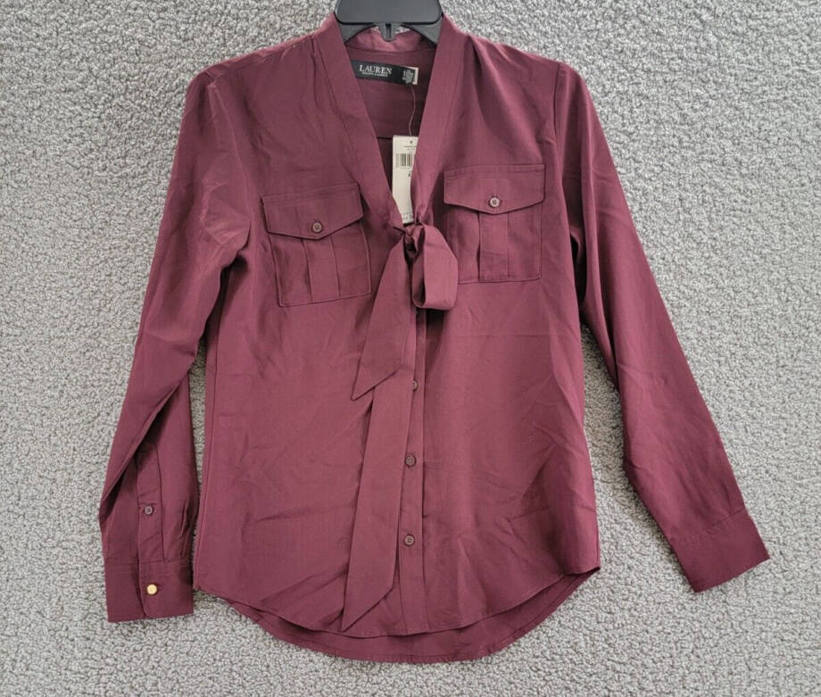 Lauren Ralph Lauren Crepe Tie-Neck Shirt Women's XS Vintage Burgundy Long Sleeve