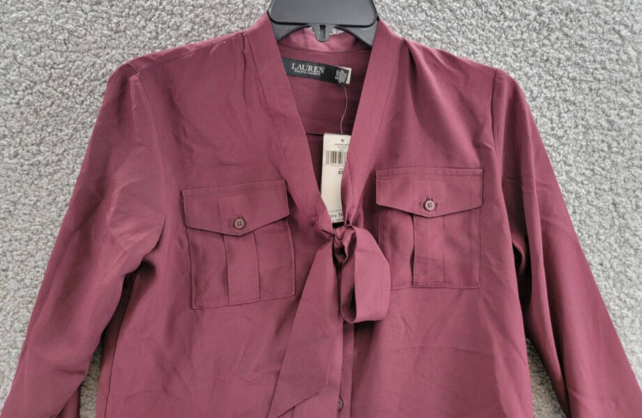 Lauren Ralph Lauren Crepe Tie-Neck Shirt Women's XS Vintage Burgundy Long Sleeve