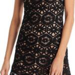 AQUA Crochet Shift Dress Women's M Black Round Neck Sleeveless Back Zip Closure