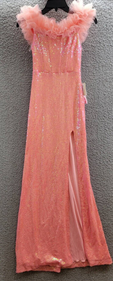 pear culture Tulle-Trim Off-The-Shoulder Sequin Gown Juniors' 0 Neon Coral Zip~