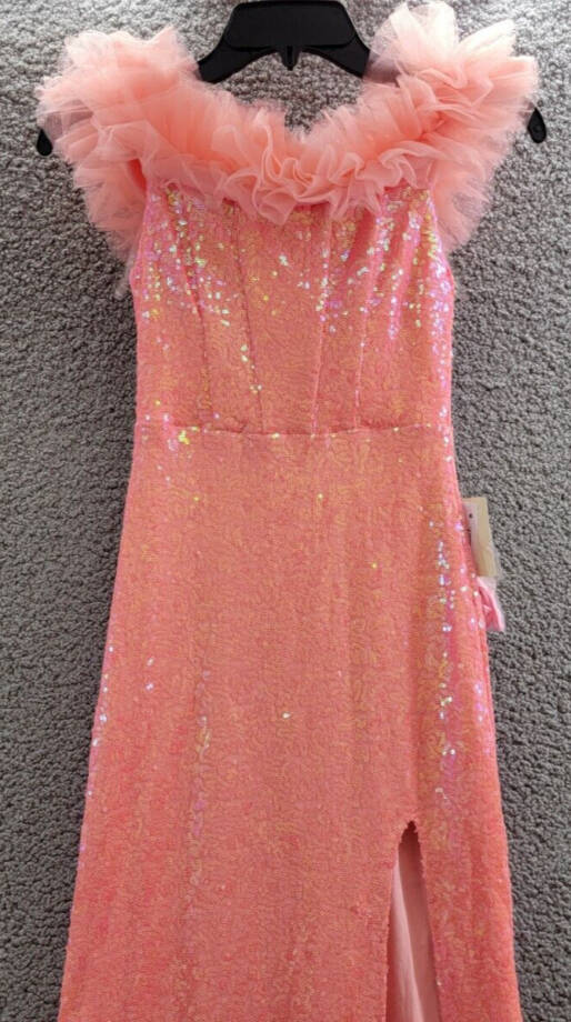 pear culture Tulle-Trim Off-The-Shoulder Sequin Gown Juniors' 0 Neon Coral Zip~