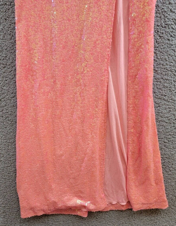 pear culture Tulle-Trim Off-The-Shoulder Sequin Gown Juniors' 0 Neon Coral Zip~