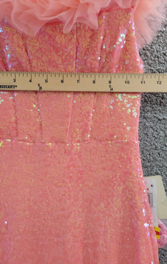 pear culture Tulle-Trim Off-The-Shoulder Sequin Gown Juniors' 0 Neon Coral Zip~