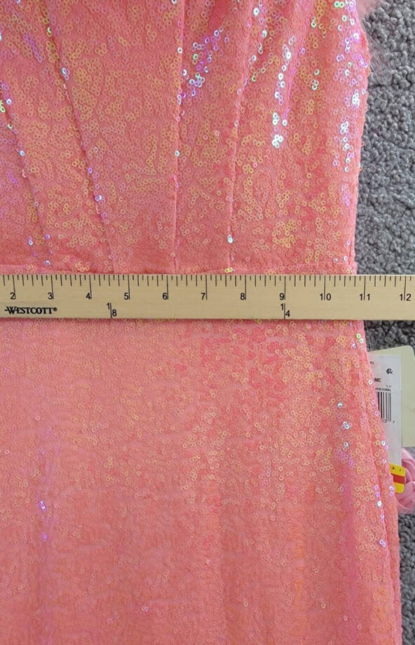 pear culture Tulle-Trim Off-The-Shoulder Sequin Gown Juniors' 0 Neon Coral Zip~