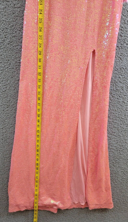 pear culture Tulle-Trim Off-The-Shoulder Sequin Gown Juniors' 0 Neon Coral Zip~