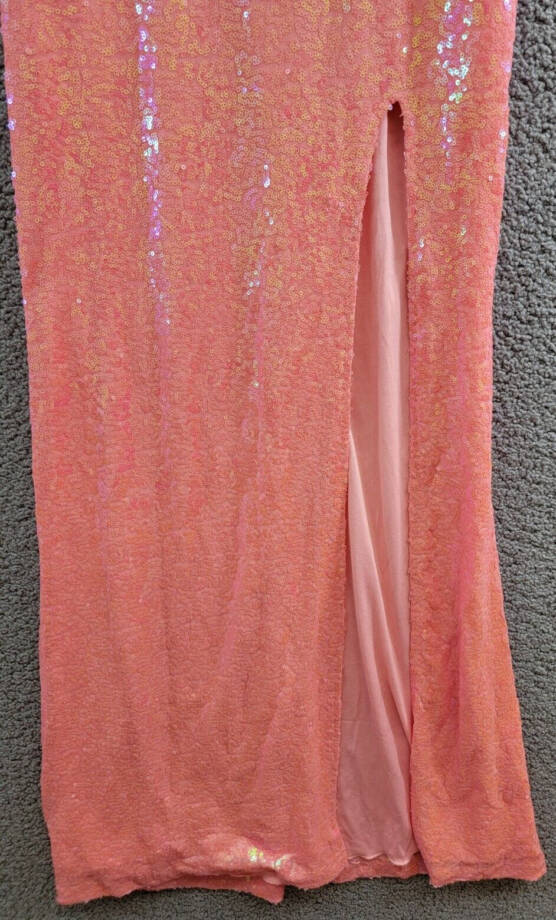 pear culture Tulle-Trim Off-The-Shoulder Sequin Gown Juniors' 0 Neon Coral Zip~