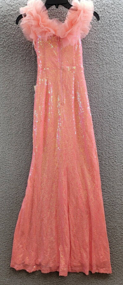 pear culture Tulle-Trim Off-The-Shoulder Sequin Gown Juniors' 0 Neon Coral Zip~