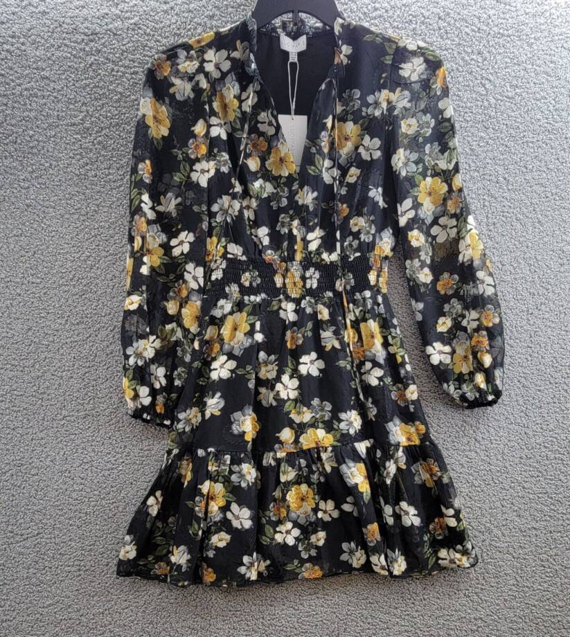 Lucy Paris Dallas Smocked-Waist Tie-Neck Sheer-Sleeve Dress Women S Black Floral