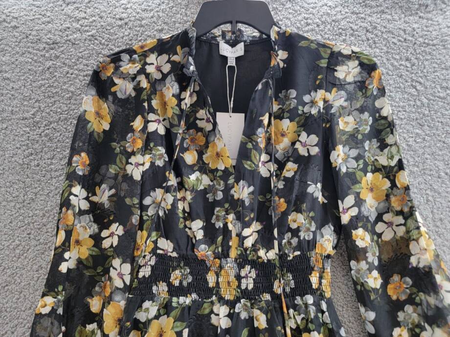 Lucy Paris Dallas Smocked-Waist Tie-Neck Sheer-Sleeve Dress Women S Black Floral