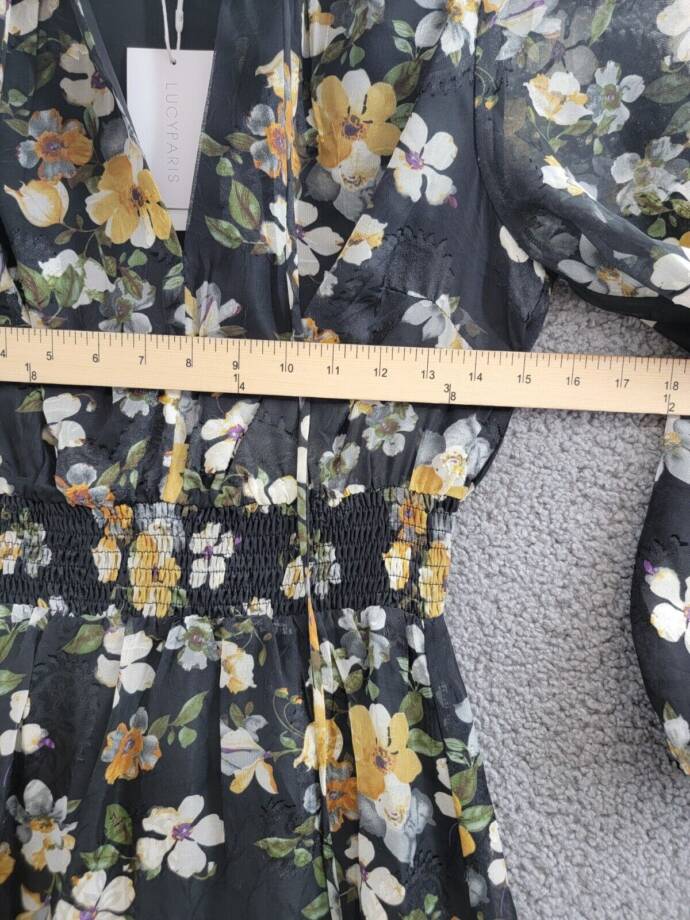 Lucy Paris Dallas Smocked-Waist Tie-Neck Sheer-Sleeve Dress Women S Black Floral
