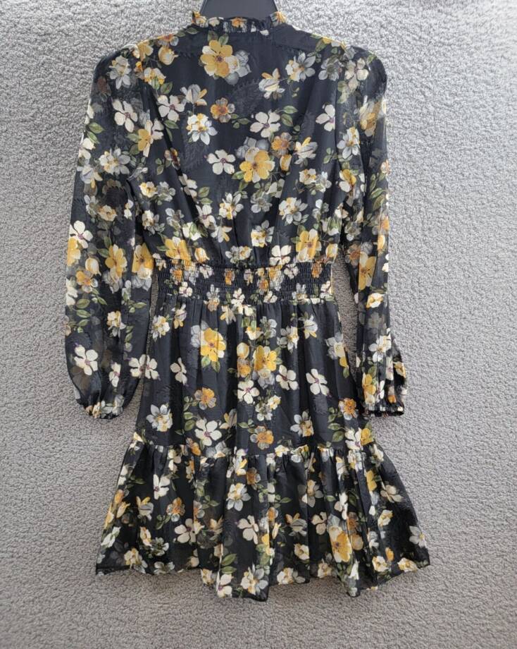 Lucy Paris Dallas Smocked-Waist Tie-Neck Sheer-Sleeve Dress Women S Black Floral
